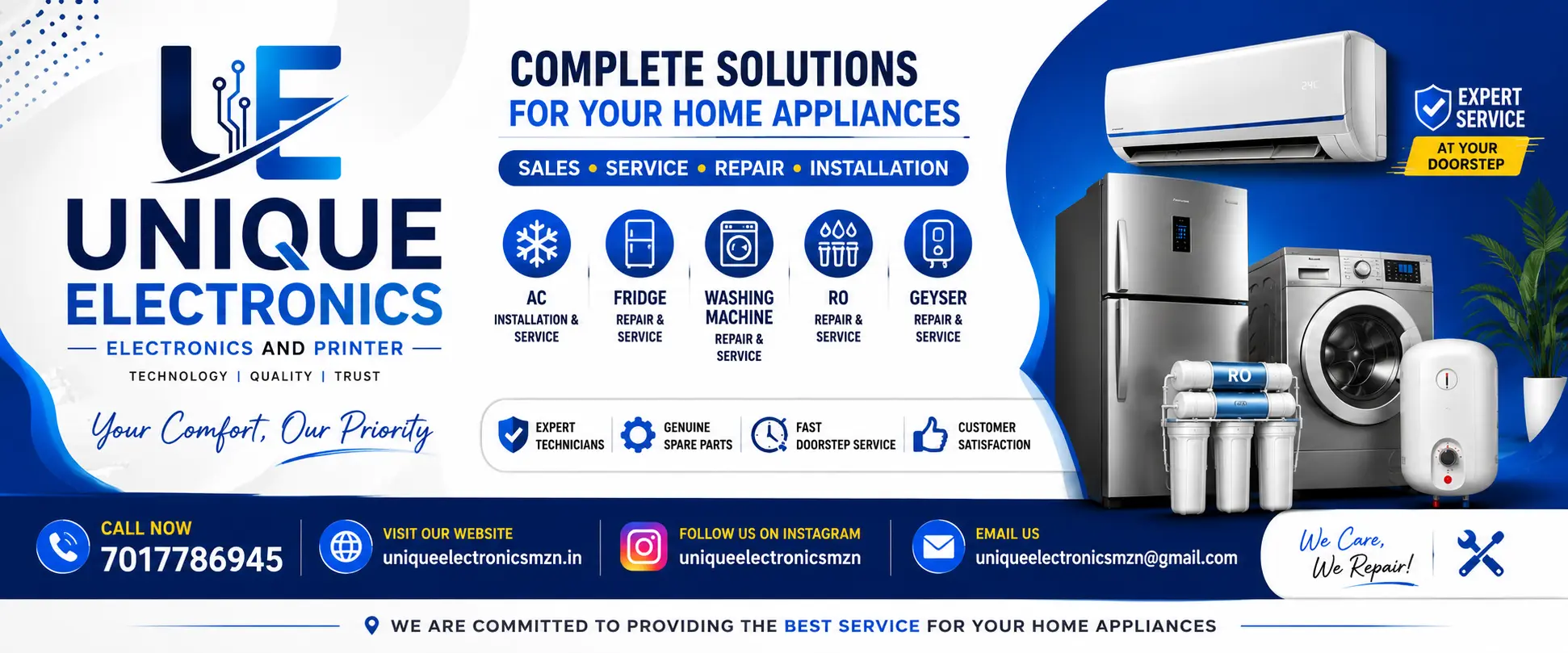 Unique Electronics – AC Repair/Installation, Fridge Repair, Washing Machine Repair, RO Service & Geyser Installation in Muzaffarnagar. Fast, Reliable & Affordable Doorstep Service .